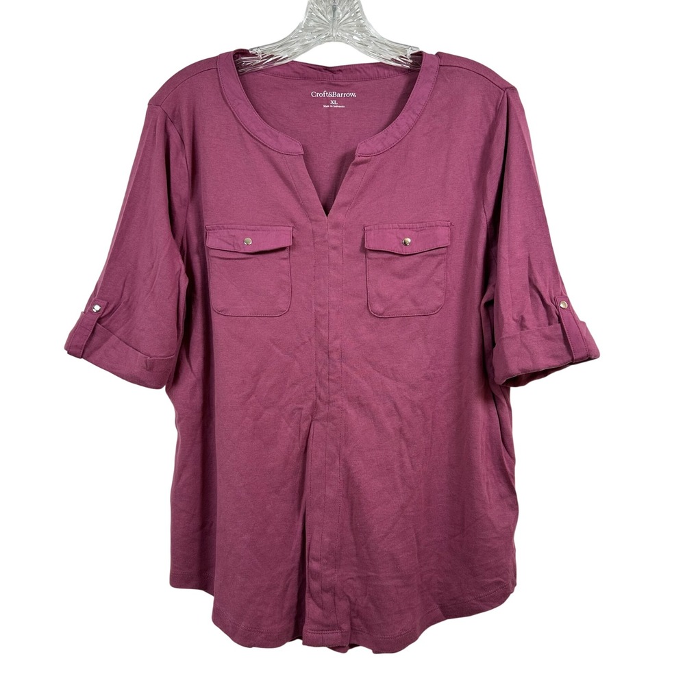 Croft & Barrow Womens XL Pink Cotton Split Neck Roll Tab Sleeve Pocket Top